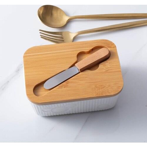 New Product Butter Sealed Box Ceramic Butter Tray With Wooden Lid And Knife Cheese Storage Plate Butter Dish Container Case