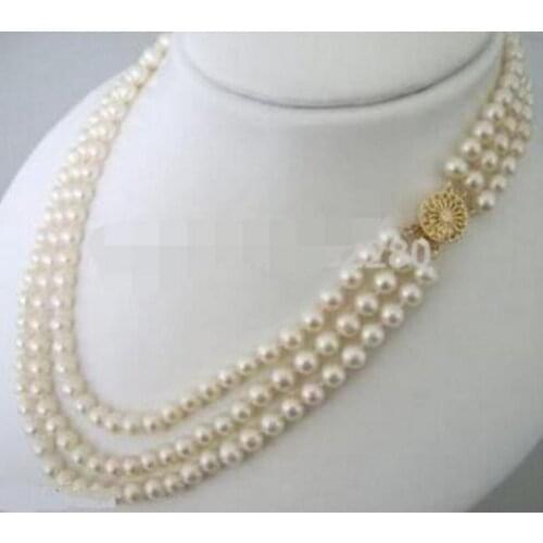 Free Shipping 3 Rows 7-8mm White freshwater pearls necklace 17-19inch Female fashion jewelry