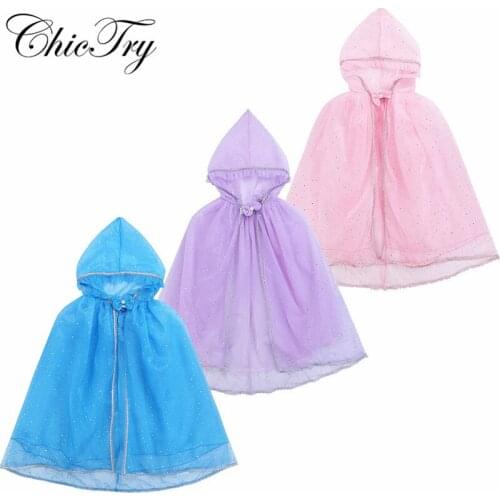 Girls Hooded Cloak Princess Costume Cape Pretend Play Dress up Sparkling Sequins Tulle Halloween Birthday Party Carnival Shrug