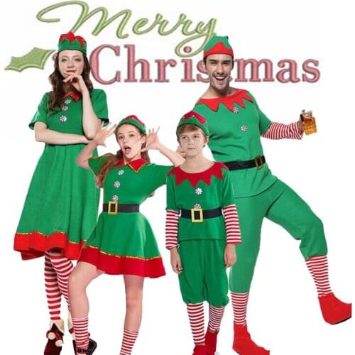 Christmas Elf Family Cosplay Costumes Santa Claus Green Dress Xmas Parent-Child Matching Outfits With Hat Happy New Year Party