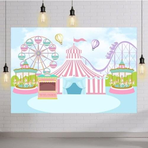 Pink Circus Tent Birthday Backdrop Pastel Blue Carnival Carousel Photography Background Hot Air Balloon Princess Girl Newborn