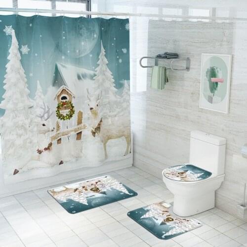 Merry Christmas Shower Curtain Set Bath Mats Rug Happy New Year Toilet Cover Anti Slip Mat Snow Elk Bathroom Curtains with Hooks