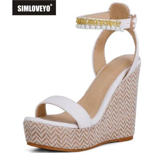 SIMLOVEYO 2021 Slingbacks Sweet Beading Mixed Color Open Toe Ankle Buckle Strap 12.5cm Wedge Sandal With Platform Size 30-48