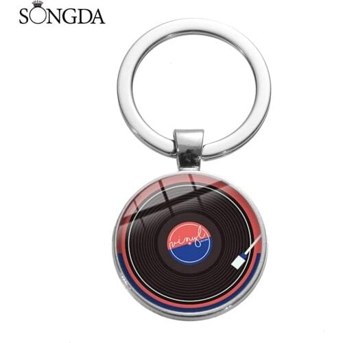 Vinyl Record Keychain Vintage Vibes Tape DJ Vinyl Record Player Art Photo Glass Gem Keyring Bag Pendant Steampunk Trinket