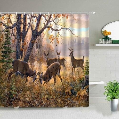 Forest Animal Elk Deer Print Shower Curtain Oil Painting Landscape Bathroom Curtains Set Home Background Wall Decor Bath Screens