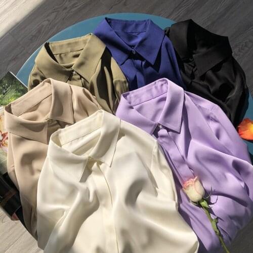 Women High-end Long Sleeve Silk Blend Lapel Solid Color Blouse Shirt - Ladies Black/Blue/Purple Top On Sale
