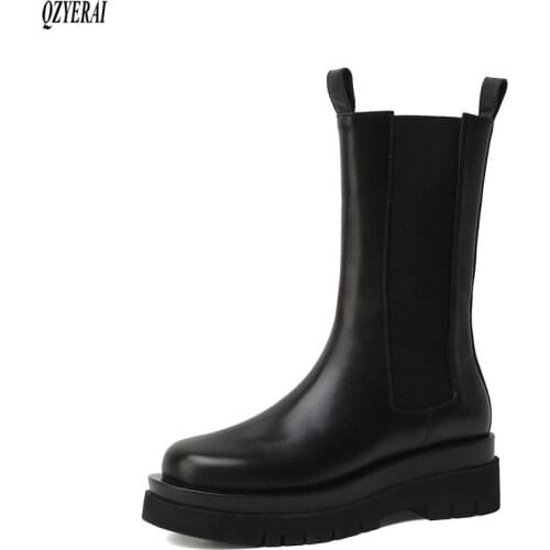 Black white Genuine leather women boots Female boots The boots bottom of the thick warm Autumn winter Womens shoes