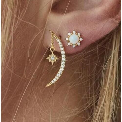 Fashion Moon Star Earrings for Women Girl Gold Asymmetrical Earing Crystal Pearl Earrings Party Jewelry boucles d oreille femme