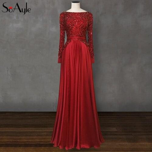 SoAyle Long Sleeves Arabia Muslim Evening Dresses Crystals Rhinestones A-Line Vestidos De Festa Gorgeous Formal Gowns