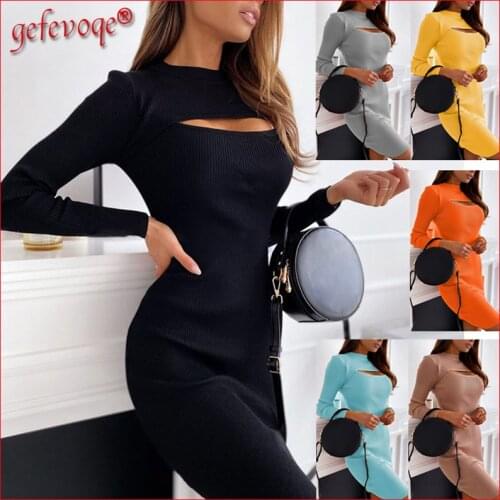 Sexy Hollow-out Bodycon Dresses 2021 Autumn Vogue Elegant Slim Fit Solid Ribbed Office Lady Party Midi Dress Robe Femme Vestidos