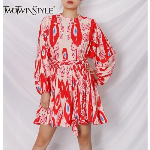 TWOTWINSTYLE Patchwork Print Hit Color Womens Dress O Neck Long Sleeve High Waist Lace Up Bowknot Dresses Female 2020 Fall New