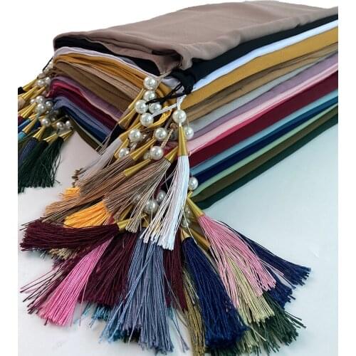 1 Pc Bubble Chiffon Solider Color Scarf Long Soft Wrap Scarf Shawl Scarves Femme Bufandas Beaded Pearls Hijabs Tassel Scarf