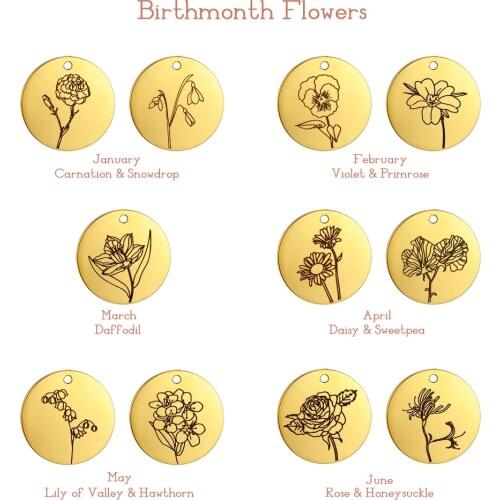 5pcs/lot Birth Flowers Charms for Necklace Jewelry Making Stainless Steel Gold Color Flora Water Lily Rose Daisy Aster Pendants