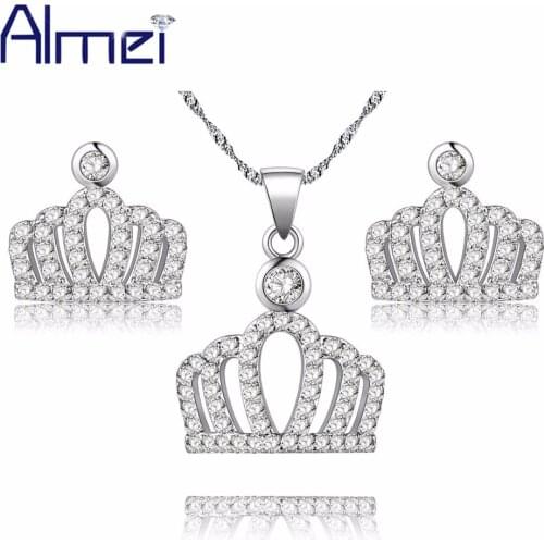 Almei 2017 Wedding Crown Crystal Jewerly Sets for Women Gift For Ladies Zirconia Necklace Pendant Earrings With Stone PT848