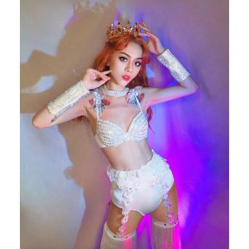 White Pearl Bikini Shiny Bra Sexy Shorts Sequin Underwear Dancer stage show Party Dress Female Singer Costume