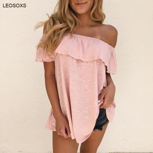 Blouses women summer 2021 one-shoulder lotus leaf lace short-sleeved solid color slim T-shirt Fashion sexy top