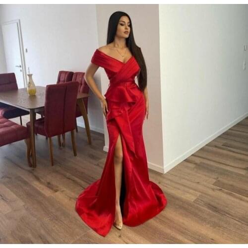 Elegant Long Pleated V-Neck Prom Dresses with Slit Mermaid Corset Back Satin Red Abendkleider Robes de Soirée for Women
