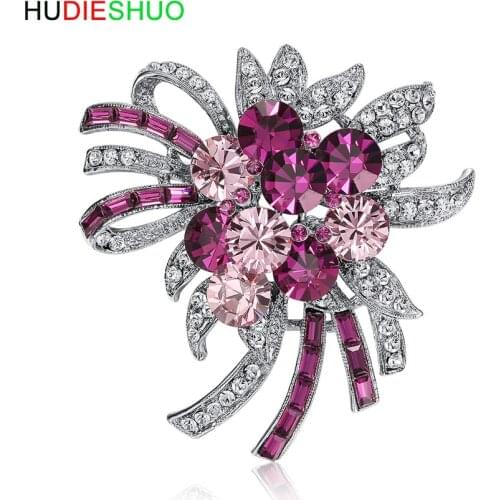 HUDIESHUO Vintage Violet Flower Brooch Pins for Women Austria Import Crystal Elegant Office Lady Brooches Wedding Party Jewelry