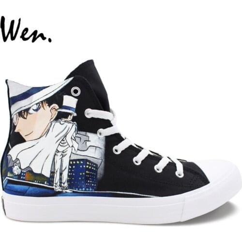 Wen Design Hand Painted Shoes Anime Detective Conan Kid the Phantom Thief High Top Black Unisex Canvas Sneakers Boys Plimsolls