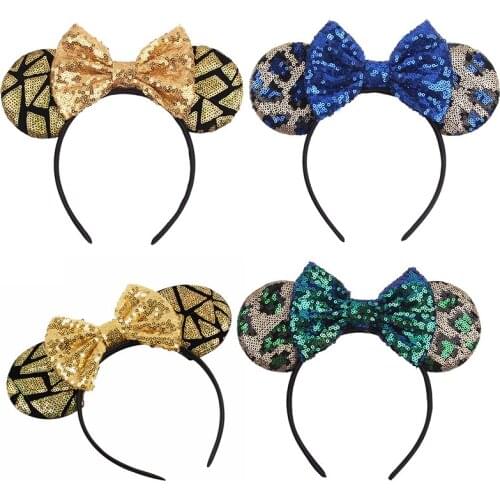 Disney Classical Glitter Leopard Sequins Hair Bow Women& Girl Hairband New Arrival Handicraft Headband Headwear