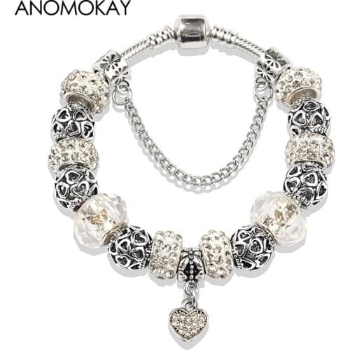 2019 New Arrival Classic White Crystal Glass Bead Bracelet & Bangle Vintage Silver Plated Heart Casual Diy Charm Bracelet Gift