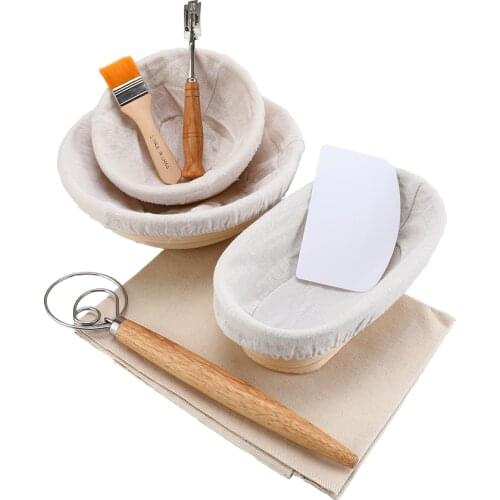 7/8PCS Banneton Fermentation Proofing Rattan Basket Dough Bread with Arc Curved Knife Scraper Brush Danish Whisk Linen