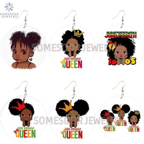 SOMESOOR Little Melanin Queen Wooden Drop Earrings Afro Curly Cute Girl Both Sides Printed Loops Dangle Jewelry For Women Gifts
