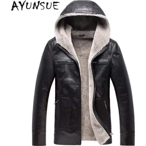 Mens Leather Jacket Coat Winter Jackets for Men Sheepskin Jacket Hooded Collar Quality Genuine Leather Coats AYUNSUE YYJ0054