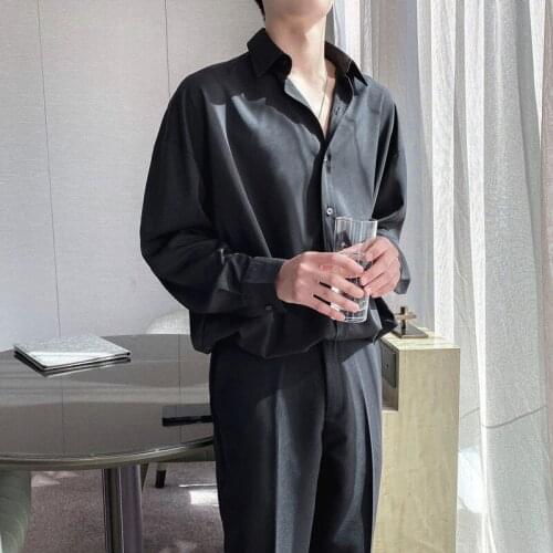 2021 Mens Shirt Sagging Style Korean New White Black Loose Long Sleeve Prevent Bask In Clothes Office Business Pure Color