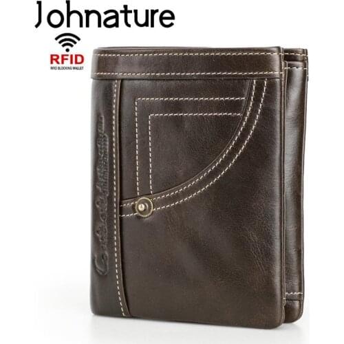 Johnature Rfid Anti Theft Genuine Leather Men Wallets 2021 New Fashion Multifunction Short Wallet Card Holder Cowhide Purse
