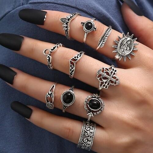 New Retro Silver Color Rings Set Fashion Hollow Out Black Diamond Micro-inlaid Ring Sun Smiling Face Joint Rings Female Jewelry