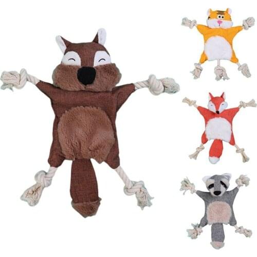 New Cute Plush Toys Squeak Pet Tiger Fox Animal Plush Cotton Rope Molar Toy Dog Chew Squeaky Whistling Raccoon Squirrel Dog Toys