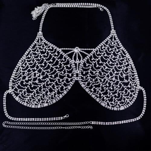 New Design Luxury Mesh Lingerie Bling Rhinestone Body Chain Bra Harness Sexy Bikini Underwear Chest Chain Crystal Clothes