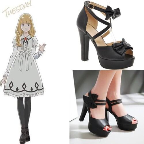 2019 New Anime CAROLE & TUESDAY Cosplay Shoes Tuesday Black Cross Strap High Heel Platform Shoes Peep Toe Square Heels Shoes
