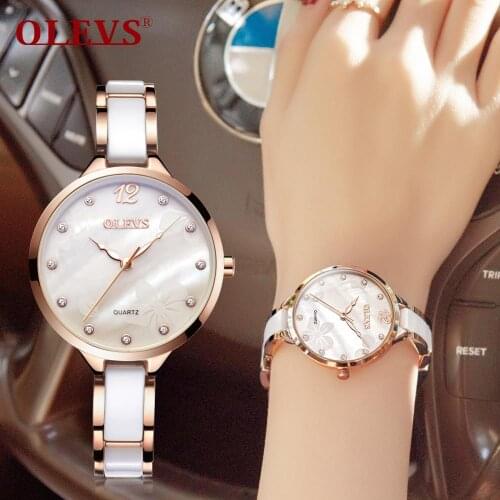 OLEVS ladies watch luxury watches 2020 fashion female quartz wrist watch natural shell dial alloy ceramic strap watch for women