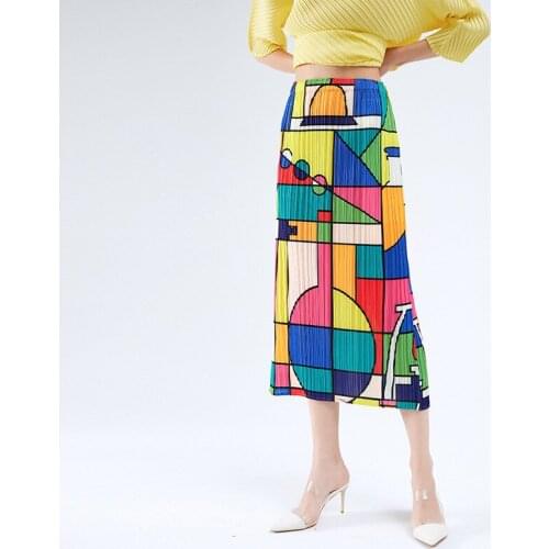 New Miyake pleated female skirt geometric print niche Miyake female abstract print mid-length drawstring waist A-line skirt