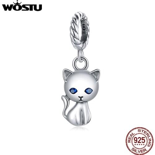 WOSTU 925 Sterling Silver Charms Animal Small Pendant Cute Cat Bead Fit New Bracelet For Women DIY Jewelry CQX122