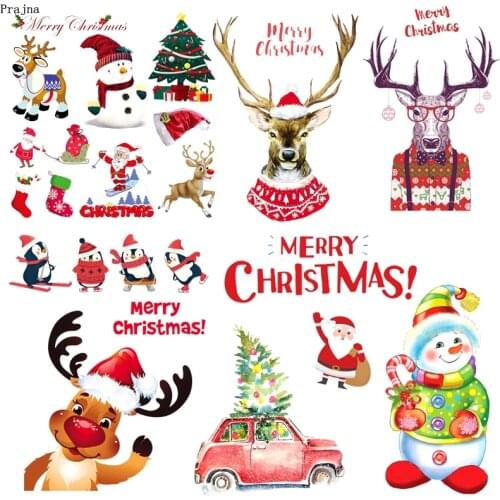 Prajna Merry Christmas Iron On Transfers Vynil Heat Transfer Christmas Tree Christmas Deer Cartoon Ironing Sticker On Kids Cloth