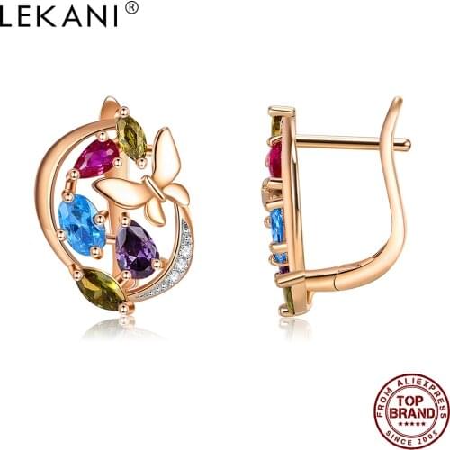 LEKANI Butterfly Earrings For Women Four Color 5A Zircon Rose Gold Stud Earrings Fashion Jewelry Romantic Anniversary Gift