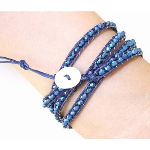 Blue Crystal Faceted Wrap Bracelet Brangle Wrap Woven Button Handmade Jewelry Fashion Womens Party Birthday Gift Jewelry