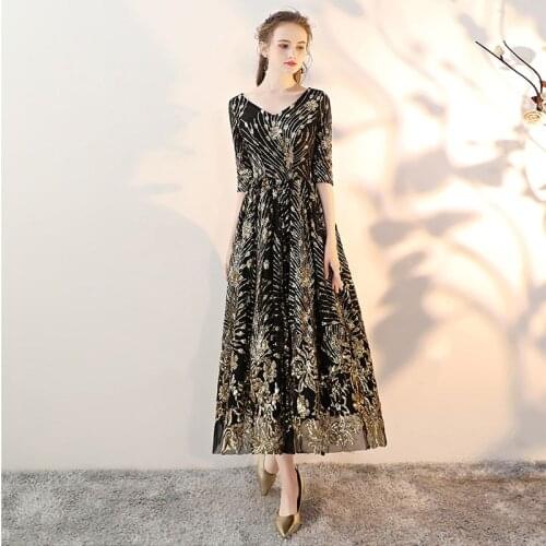 Vintage Vestido De Baile De Comprimento De Tornozelo Sparkle Lace Party Dresses Half Sleeves Ankle Length Black Prom Dresses