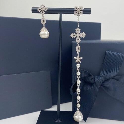 SLJELY High Quality Fashion Real 925 Sterling Silver Asymmetric Cross Pearls Earrings Micro Zircon for Women Fine EDEN Jewelry