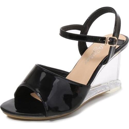 2020 Summer Women Sandals 8CM Wedges High Heels Fall Best Street Look Patent Leather Buckle Strap Open Toed Party Women Shoes