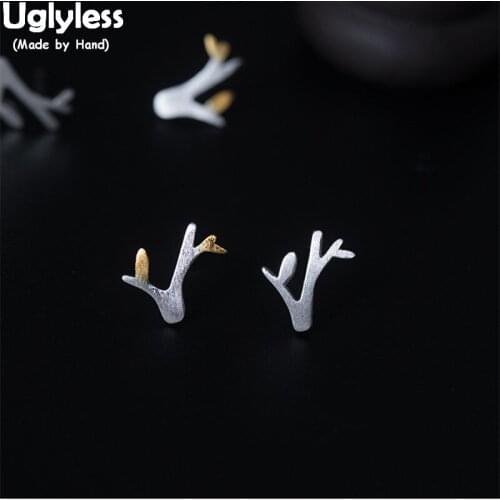 Uglyless 100% Real 925 Sterling Silver Tree Studs for Women MINI Antlers Stud Earrings Spring Element Sprout Brincos Fine Jewel