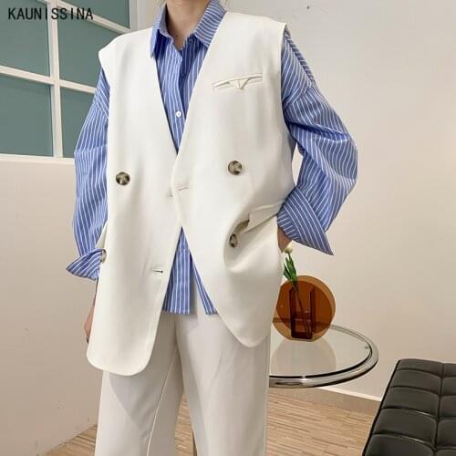 Women Blazer Vest Autumn Sleeveless Suit Jacket Double-breasted Vest Loose Solid Color Waistcoat Vests Ladies Spring Outwear