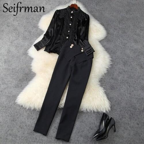 Seifrmann Women Summer Fashion Designer Pant Set Lantern Sleeve Loose Blouses + High Waist Black Long Pants 2 Two Pieces Suits