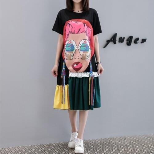 Plus Size Womens Summer Dress 2020 New Patchwork Embroidery Loose Casual Short Sleeve Round Neck Cartoon Print Oversized Dress