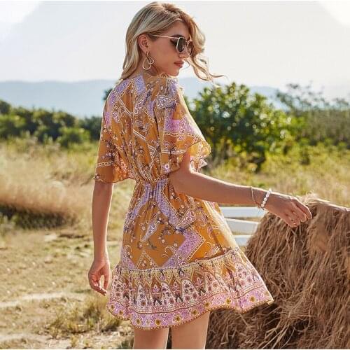 CARDE HOMES 2021 Summer V-Neck Printing Floral Women Dress Fresh Sweet Fashion Pullover Grace Bandage Bow Romantic A-line Skirt