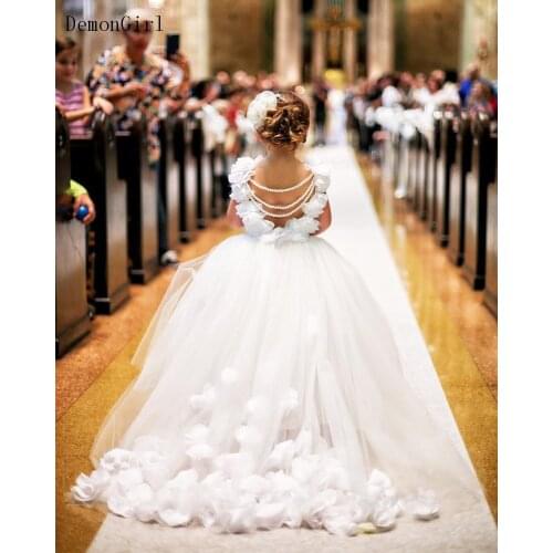 White Flower Girl Dresses with Train Wedding Party Vestido Novia Nina Little Bride First Communion Dress Kids Pageant Ball Gowns