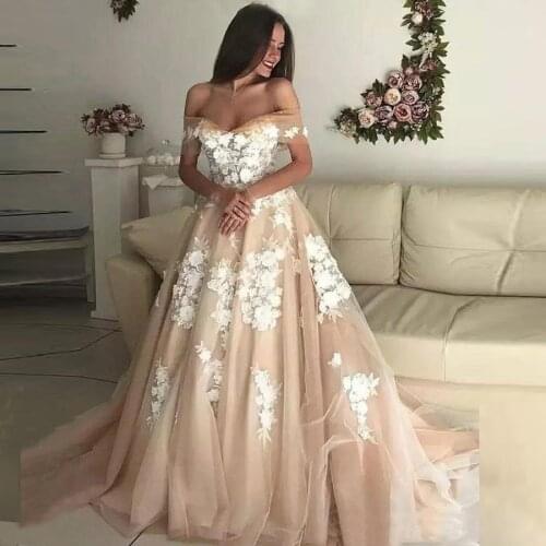 Vestido novia Off the Shoulder Applique Lace Champagne Wedding Dress 2020 Elegant Fast Shipping Bridal Wedding Gowns casamento
